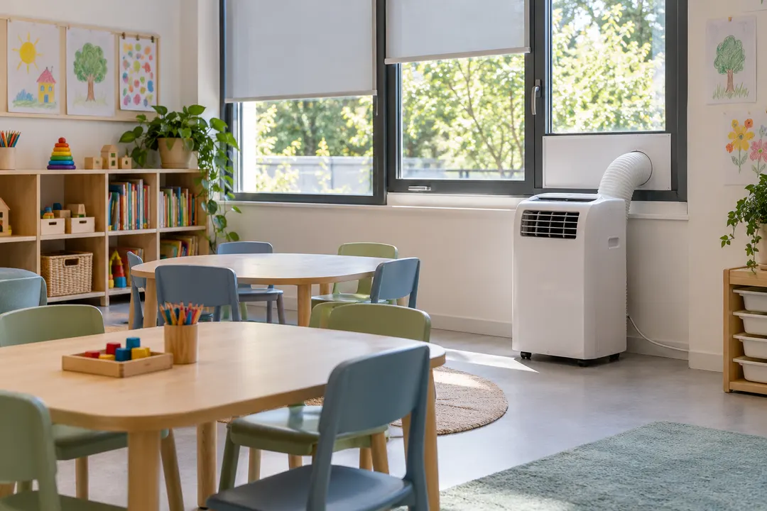 Illustration d’une salle d’activité avec climatiseur mobile près d’une fenêtre.