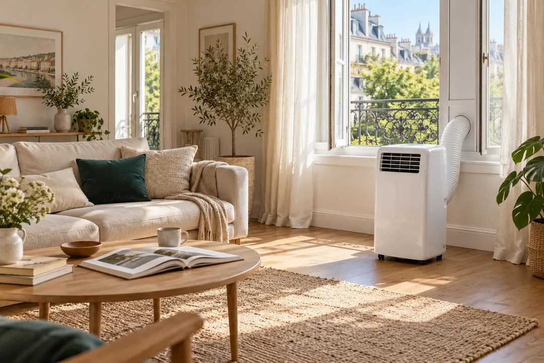 Illustration d’un salon équipé d’un climatiseur mobile avec gaine d’évacuation.