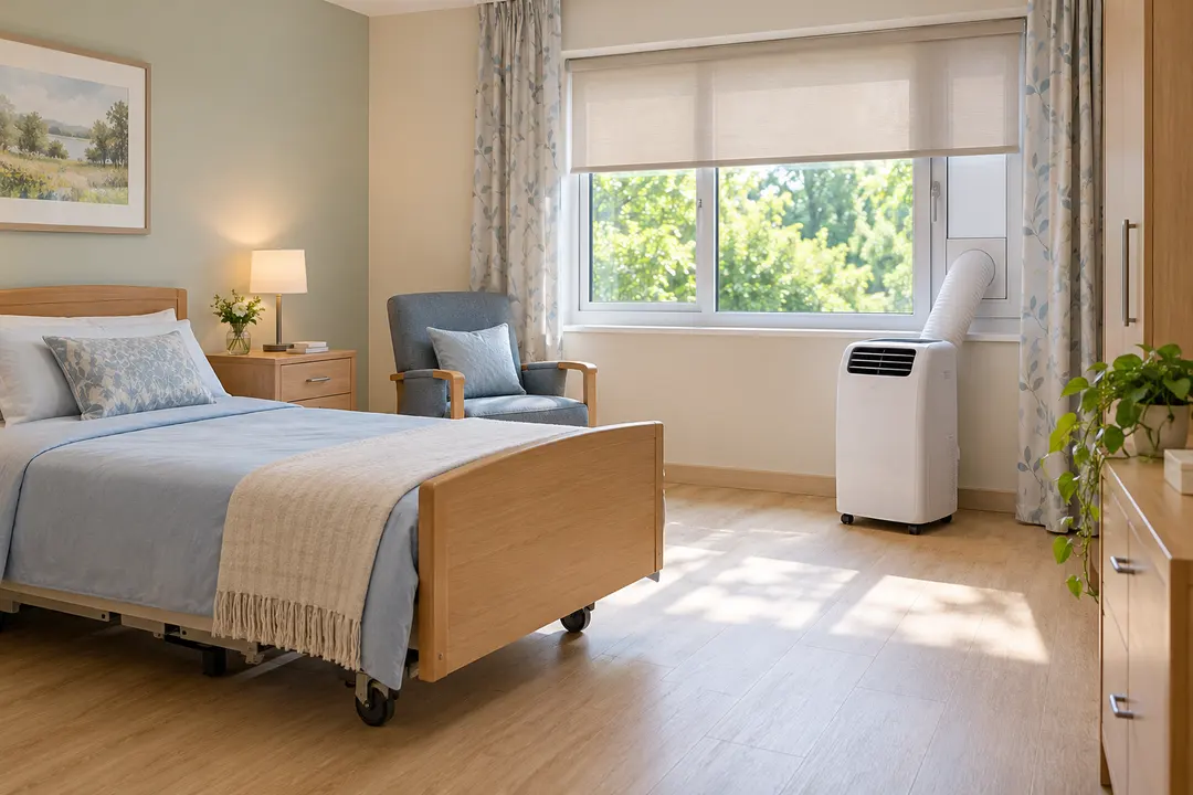 Illustration d’une chambre de résidence lumineuse avec climatiseur mobile.